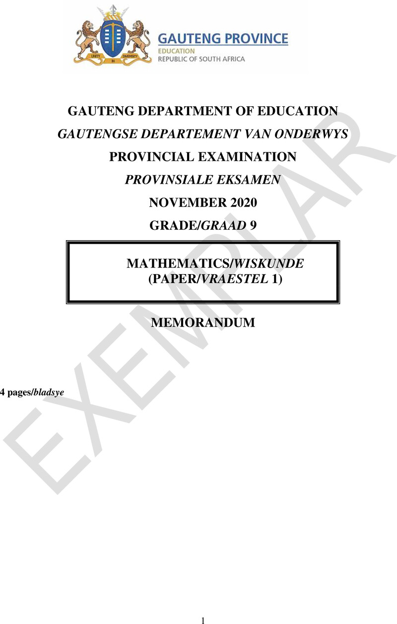 Grade 9 Provincial Exam Mathematics P1 Ng And Afr 2020 Exemplars Possible Answers