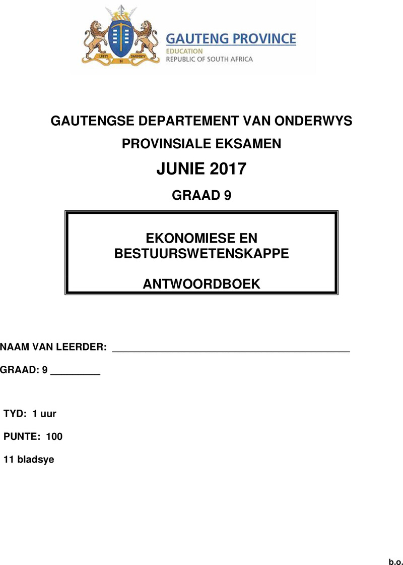 Grade 9 Provincial Exam Economic And Management Sciences Afr June 2017 Possible Answer