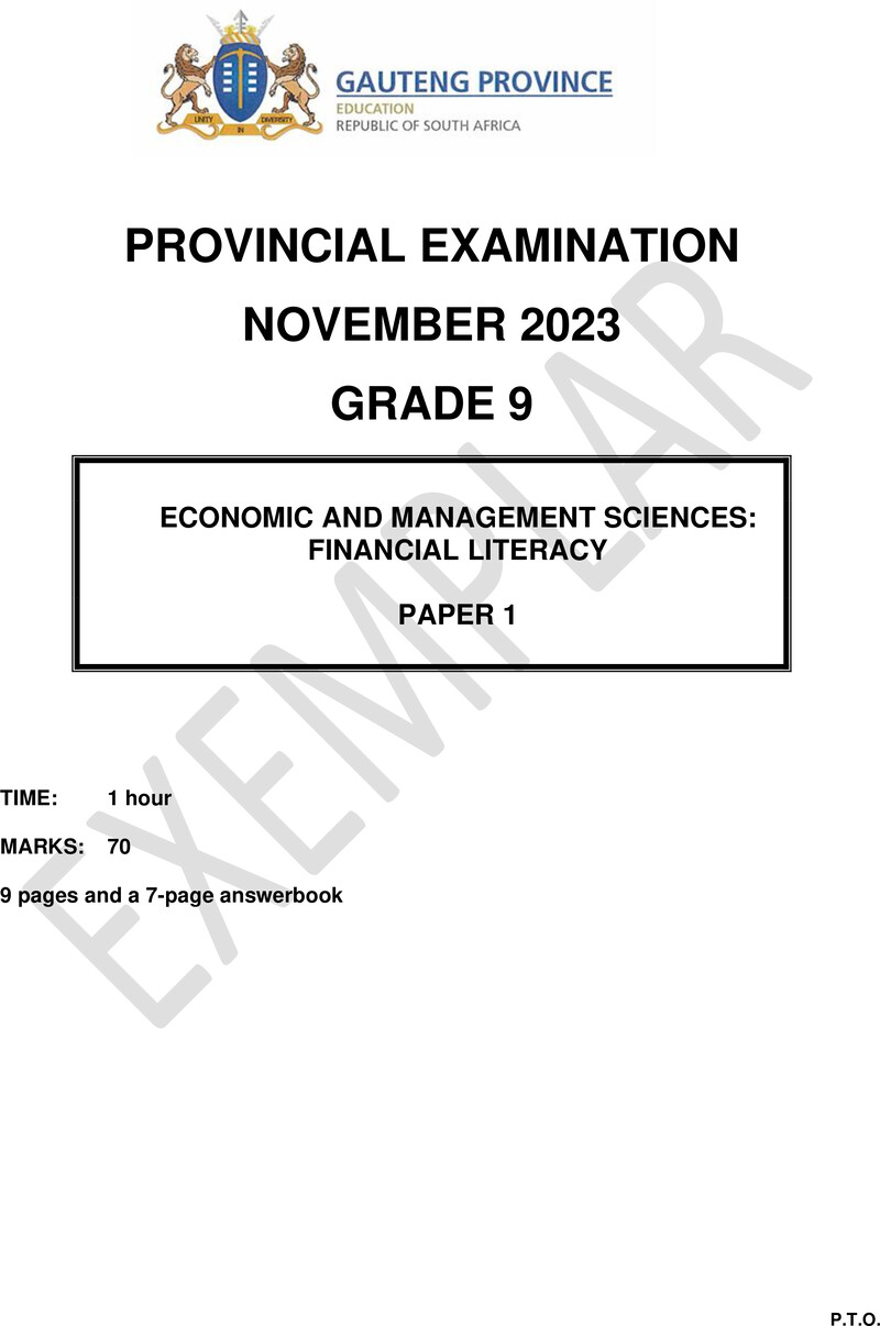 Grade 9 Provincial Exam Economics Management And Sciences P1 Ng November 2023 QP