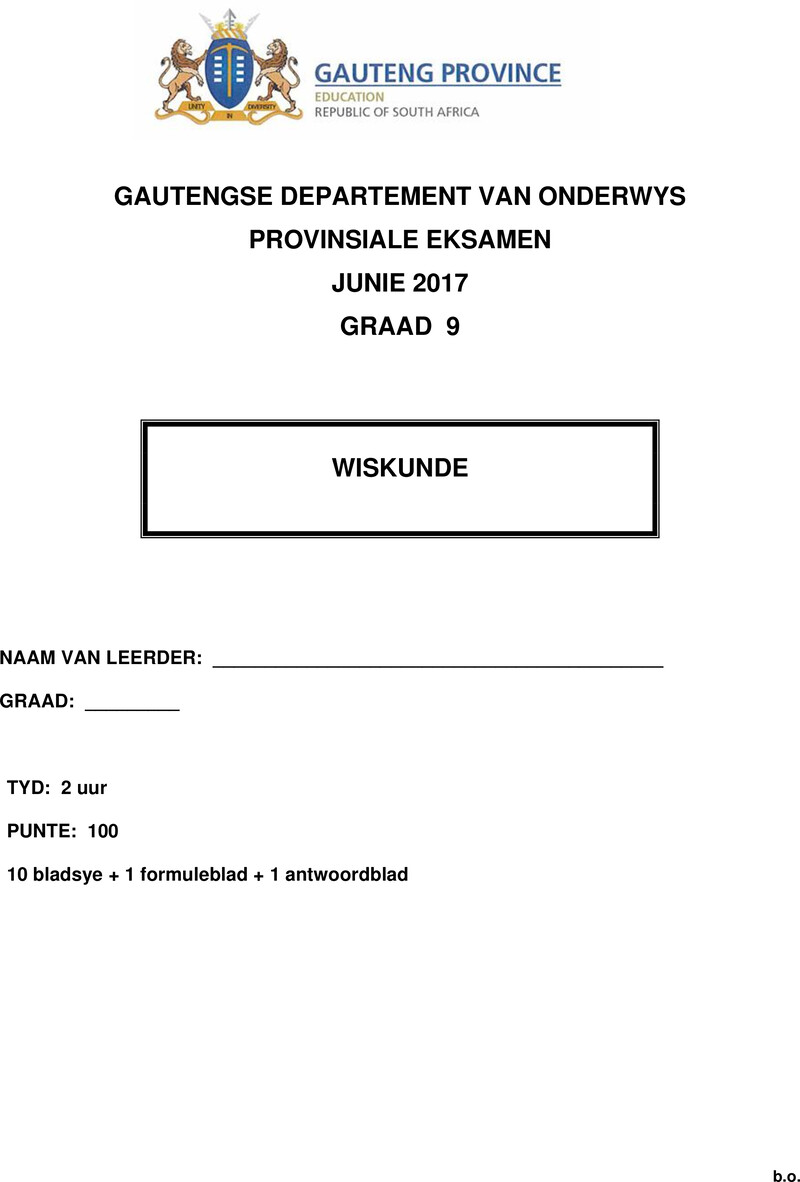 Grade 9 Mathematics past paper 2017 – grade 9 provincial exam mathematics afr june 2017 qp