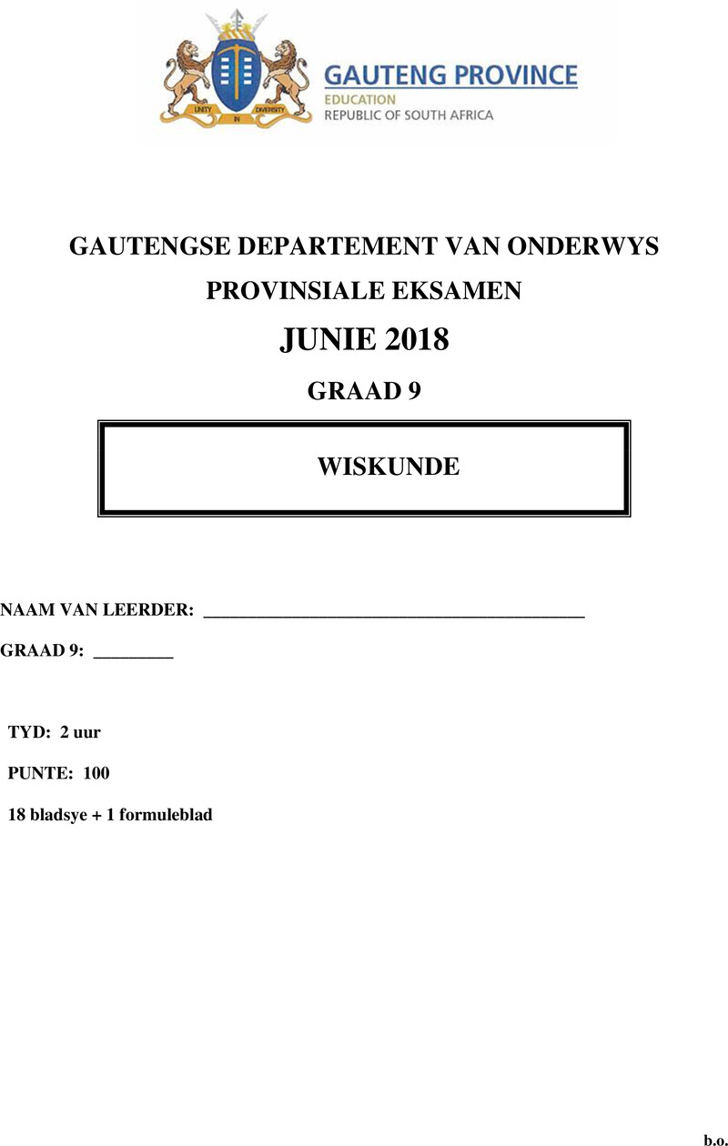 Grade 9 Mathematics past paper 2018 – grade 9 provincial exam mathematics afr june 2018 qp