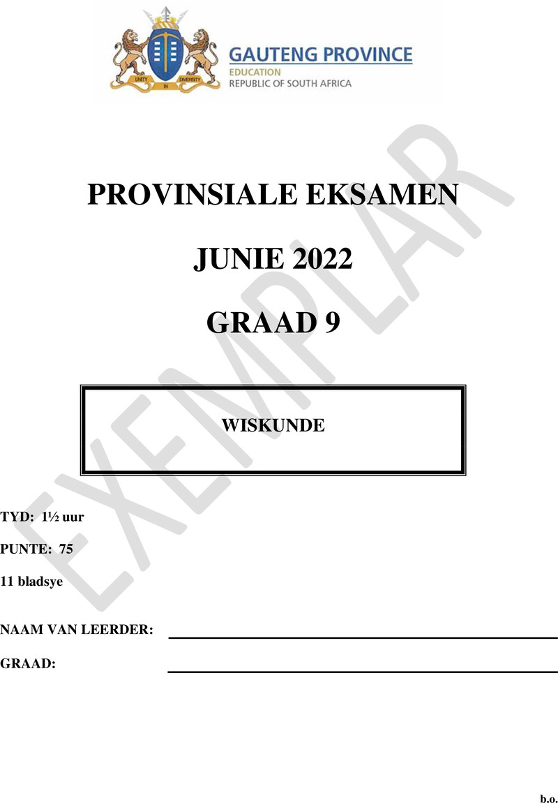 Grade 9 Mathematics past paper 2022 – grade 9 provincial exam mathematics afr june 2022 qp