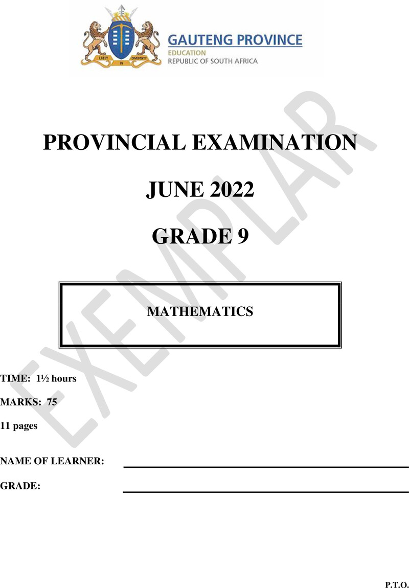 Grade 9 Provincial Exam Mathematics Ng June 2022 QP