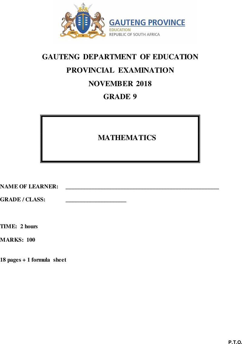 Grade 9 Provincial Exam Mathematics Ng November 2018 QP