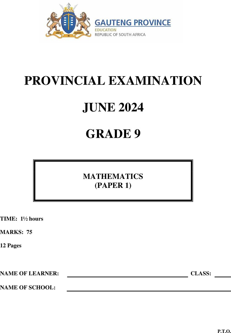 Grade 9 Provincial Exam Mathematics P1 Ng June 2024 QP