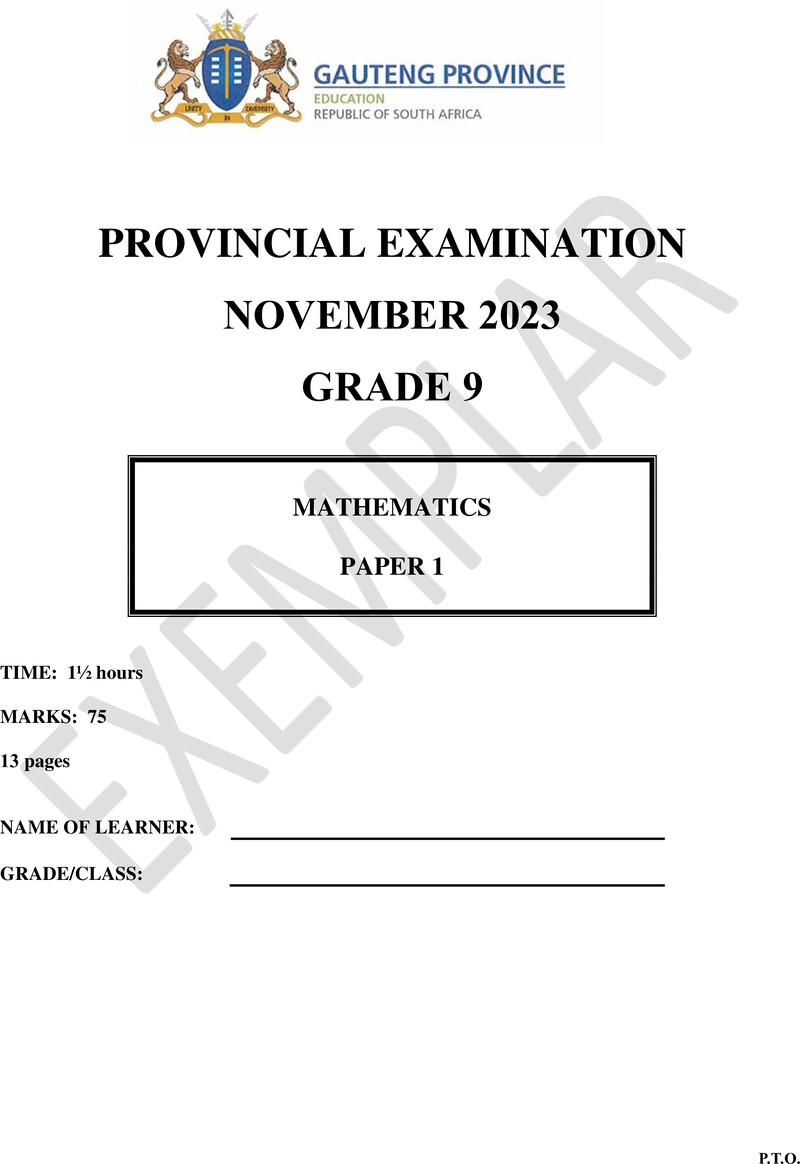 Grade 9 Mathematics past paper 2023 – grade 9 provincial exam mathematics p1 ng november 2023 qp