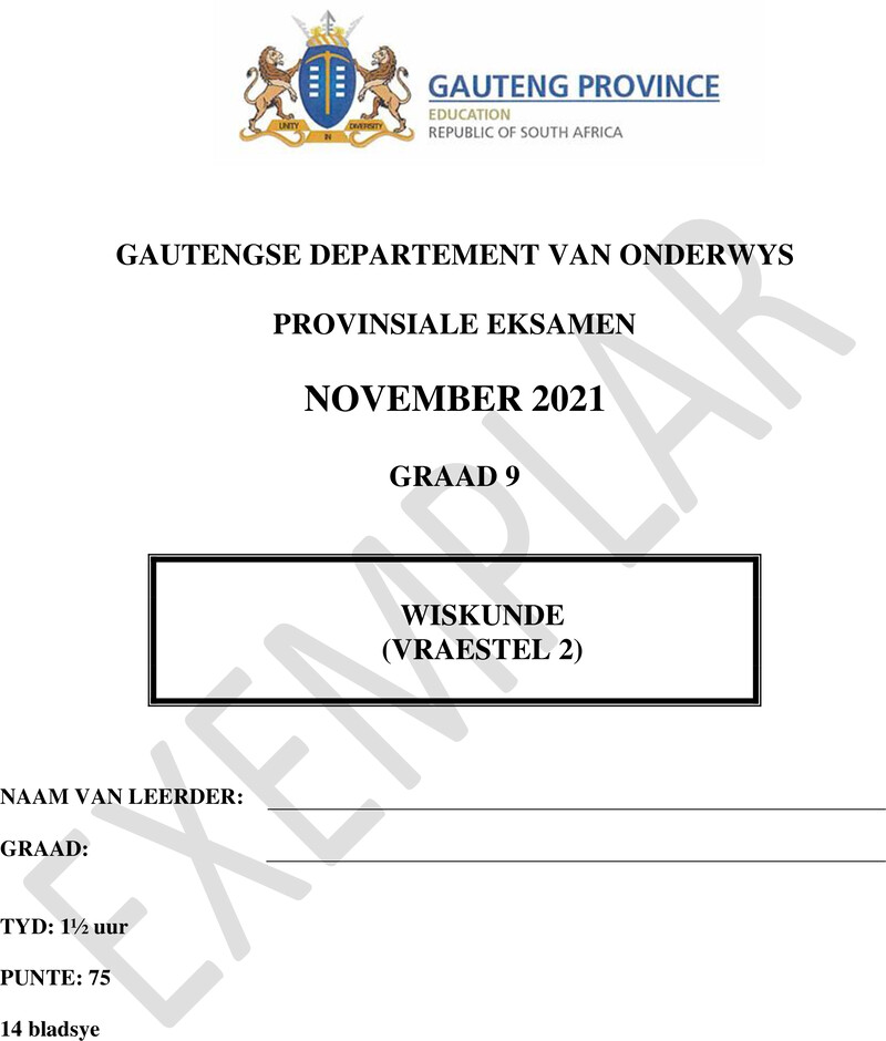 Grade 9 Mathematics past paper 2021 – grade 9 provincial exam mathematics p2 afr november 2021 qp