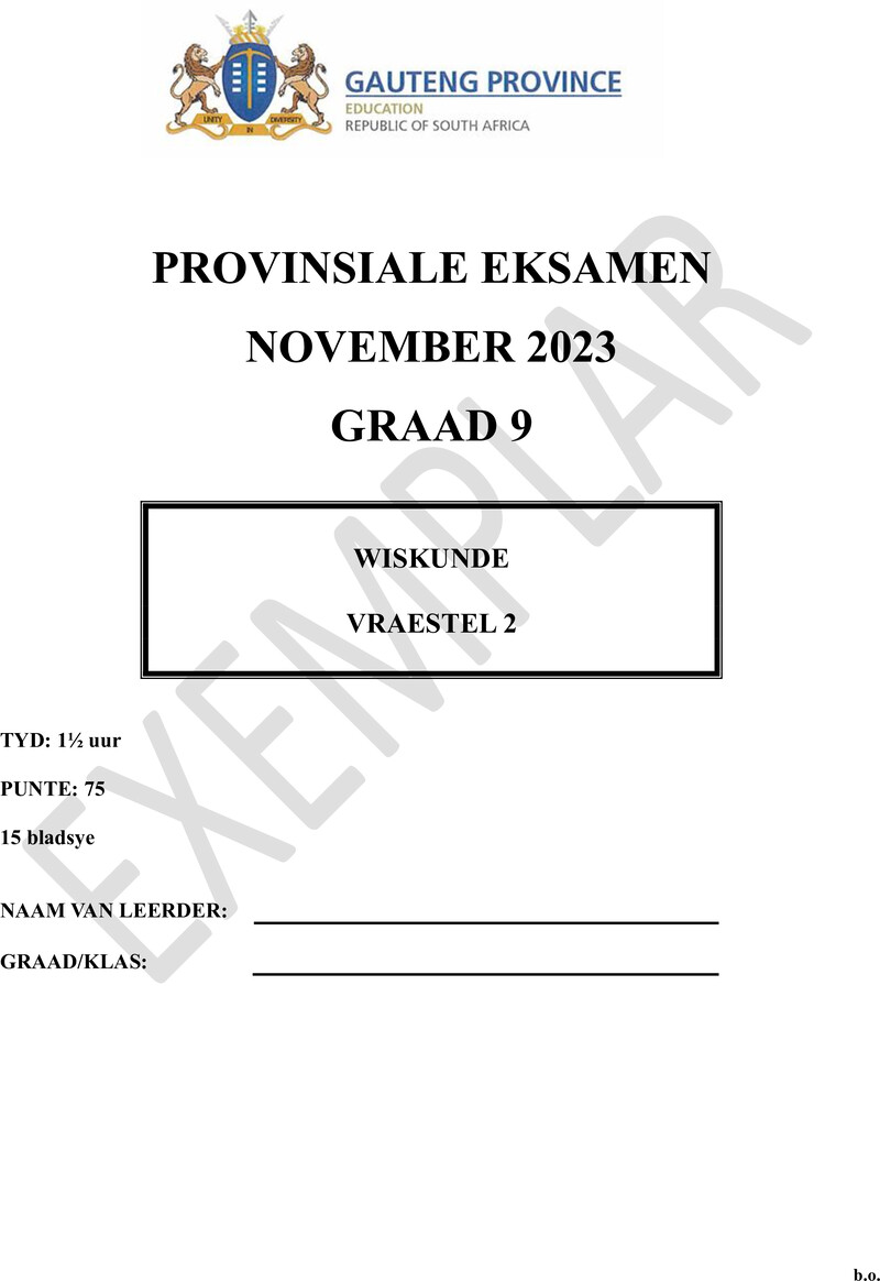 Grade 9 Mathematics past paper 2023 – grade 9 provincial exam mathematics p2 afr november 2023 qp