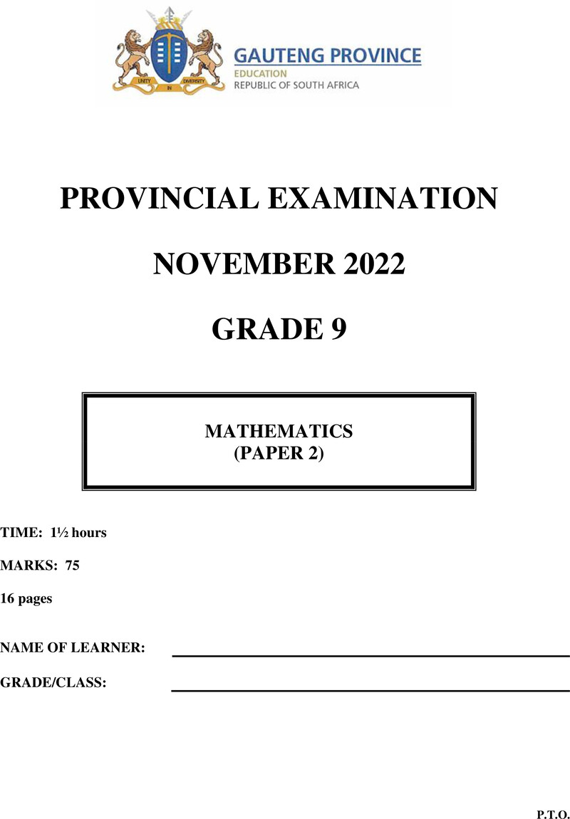 Grade 9 Mathematics past paper 2022 – grade 9 provincial exam mathematics p2 ng november 2022 qp