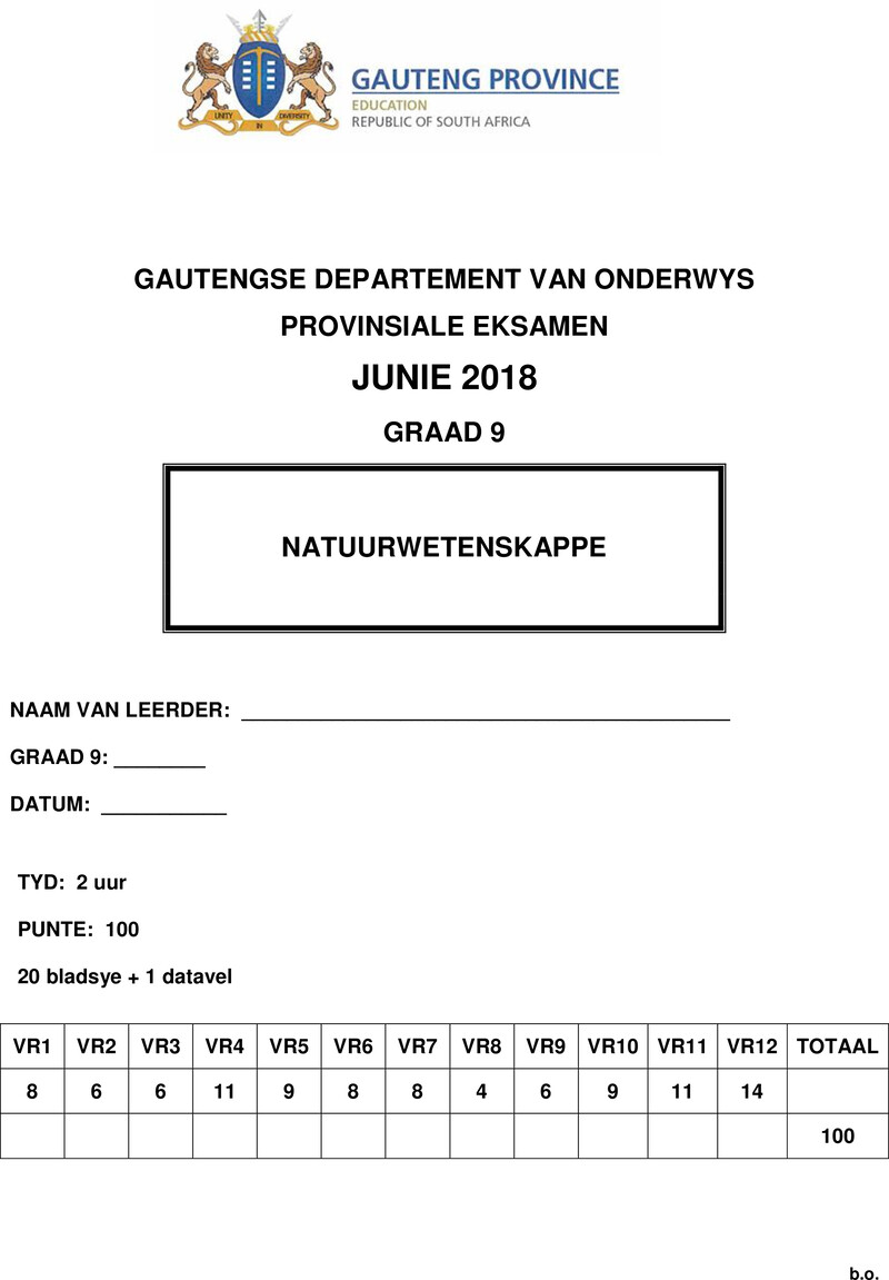 Grade 9 Natural Science past paper 2018 – grade 9 provincial exam natural sciences afr june 2018 qp