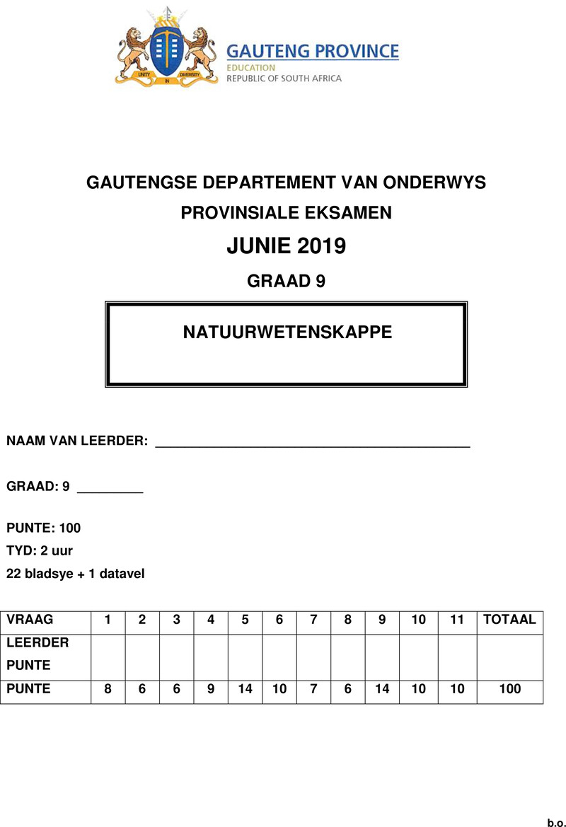 Grade 9 Natural Science past paper 2019 – grade 9 provincial exam natural sciences afr june 2019 qp