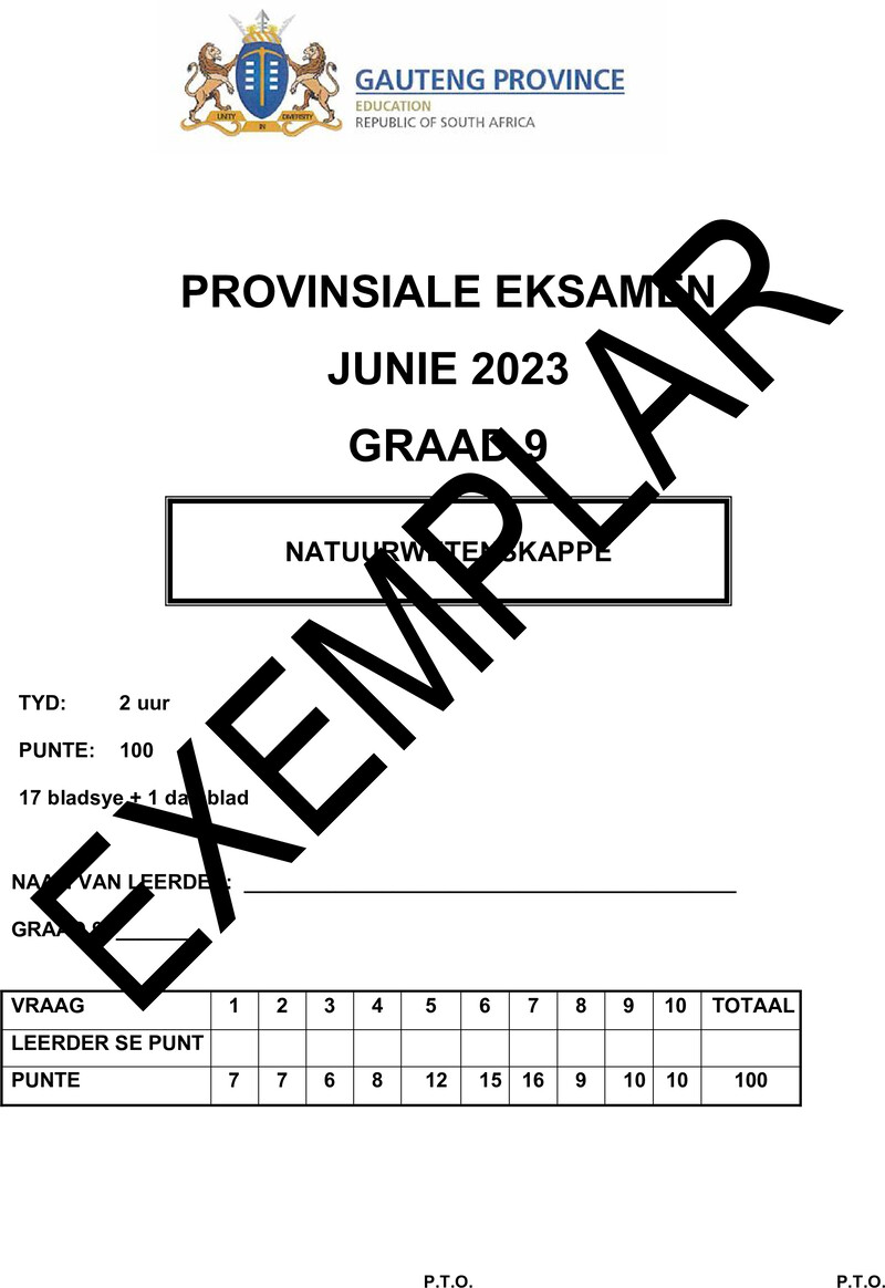 Grade 9 Provincial Exam Natural Sciences Afr June 2023 QP
