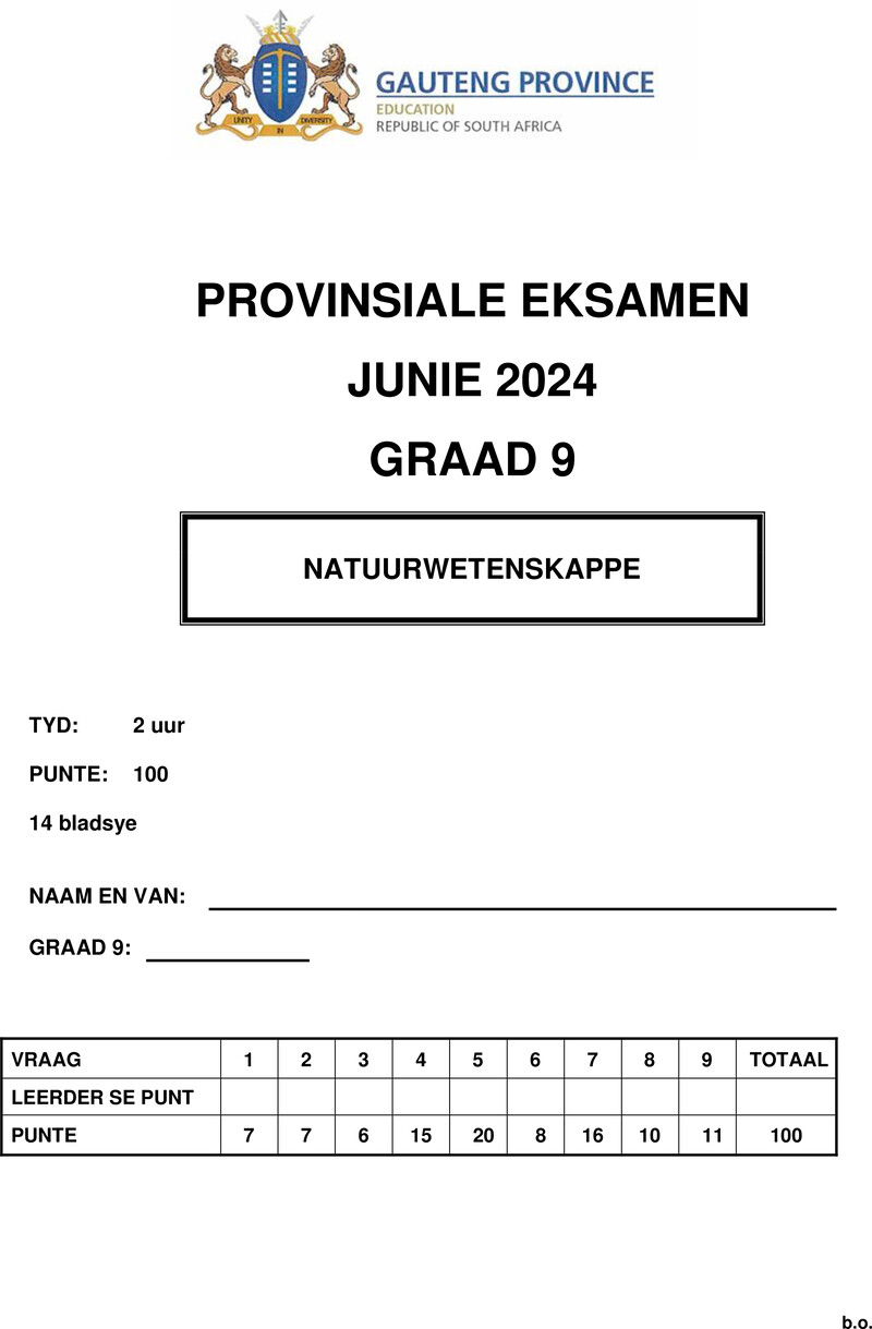 Grade 9 Natural Science past paper 2024 – grade 9 provincial exam natural sciences afr june 2024 qp