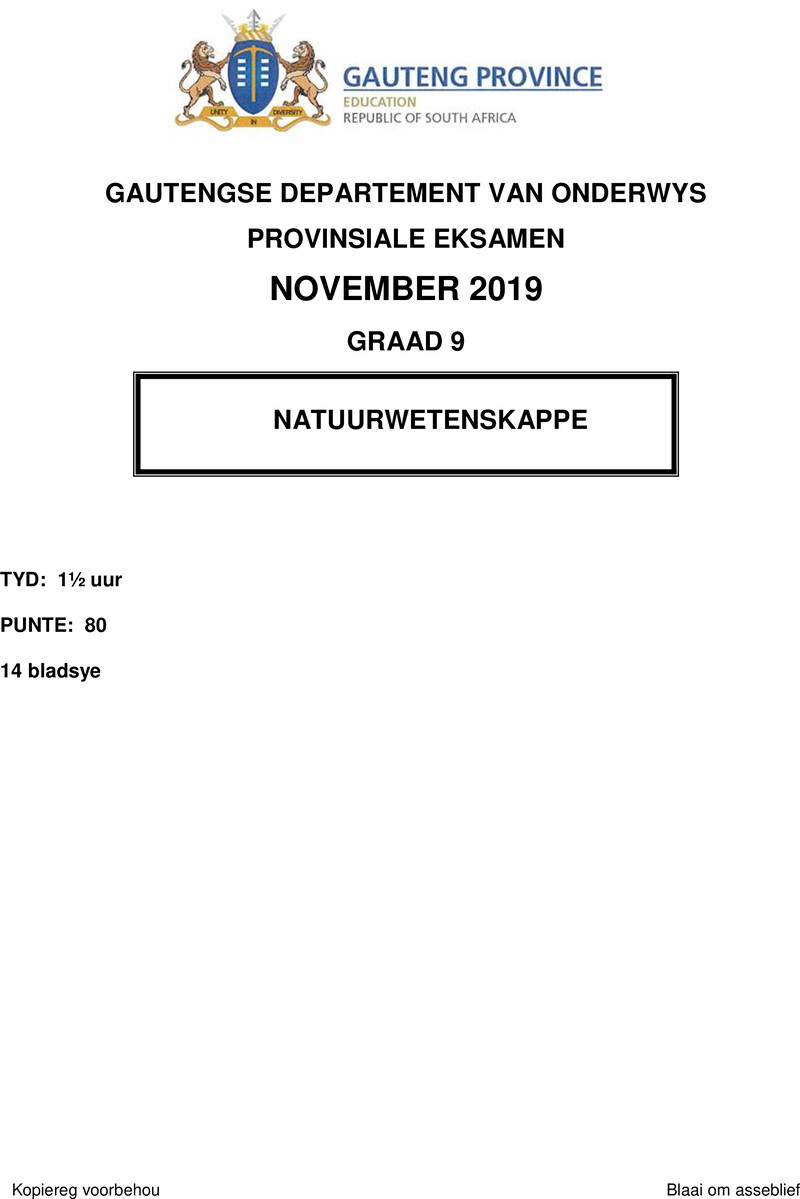 Grade 9 Natural Science past paper 2019 – grade 9 provincial exam natural sciences afr november 2019 qp