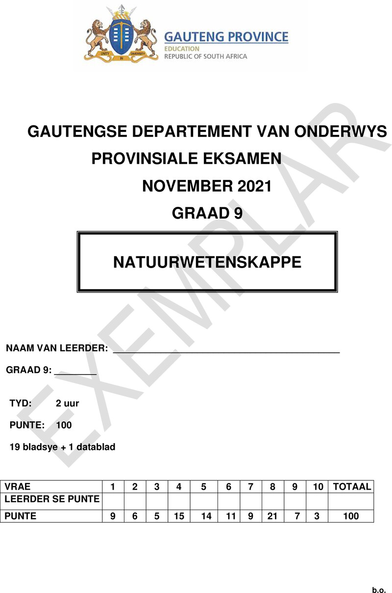 Grade 9 Natural Science past paper 2021 – grade 9 provincial exam natural sciences afr november 2021 qp