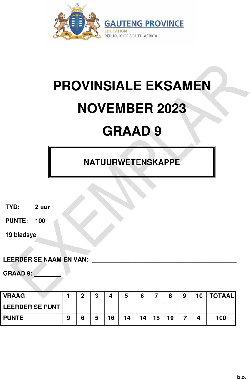 Grade 9 Natural Science past paper 2023 – grade 9 provincial exam natural sciences afr november 2023 qp
