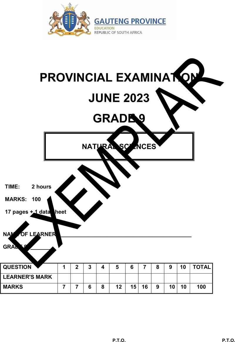 Grade 9 Provincial Exam Natural Sciences Ng June 2023 QP
