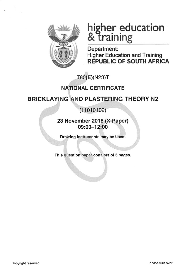 Bricklaying And Plastering N2 Exam Paper 3 2018