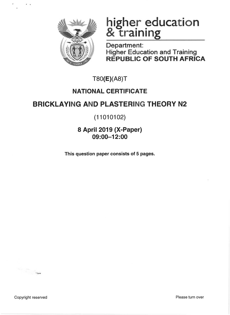 Bricklaying And Plastering N2 Exam Paper1 2019