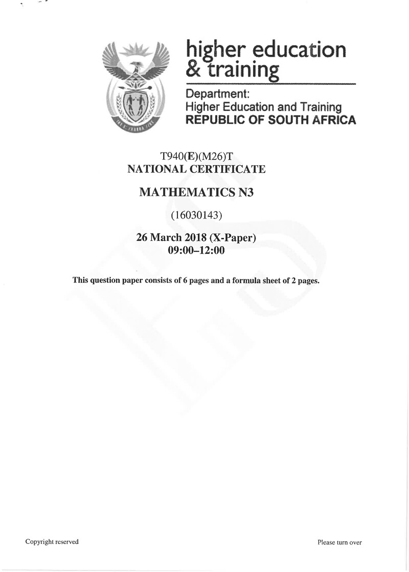 Mathematics N3 Exam Paper 1 2018
