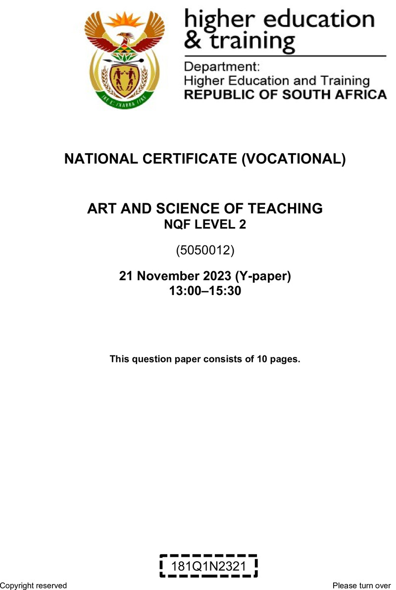 Art And Science Of Teaching L2 QP Nov 2023 Van Zyl E preview