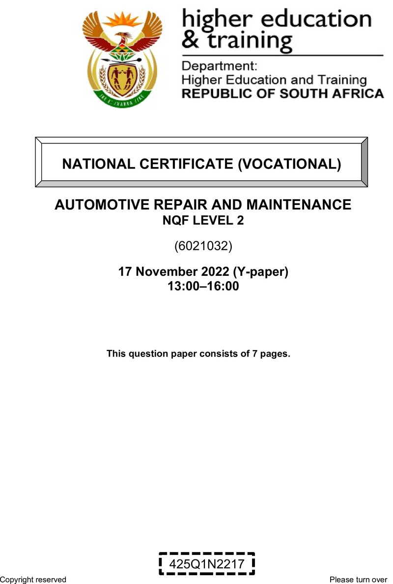 Automotive Repair And Maintenance L2 Nov QP 2022 Pretorius preview