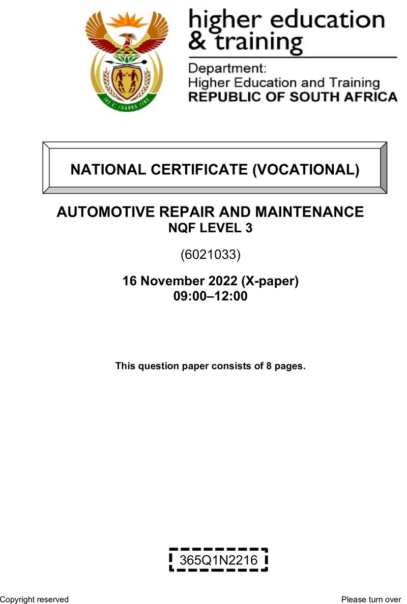 Nc330 Automotive Repair And Maintenance L3 QP Nov 2022