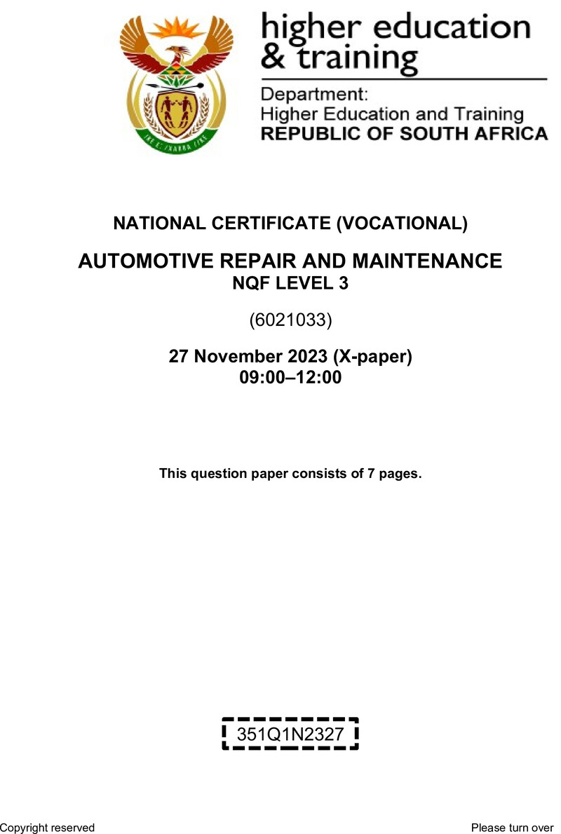 Automotive Repair And Maintenance L3 QP Nov 2023 preview