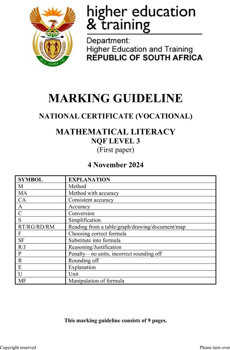 Mathematical Literacy L3 P1 MEMO Nov 2024 preview