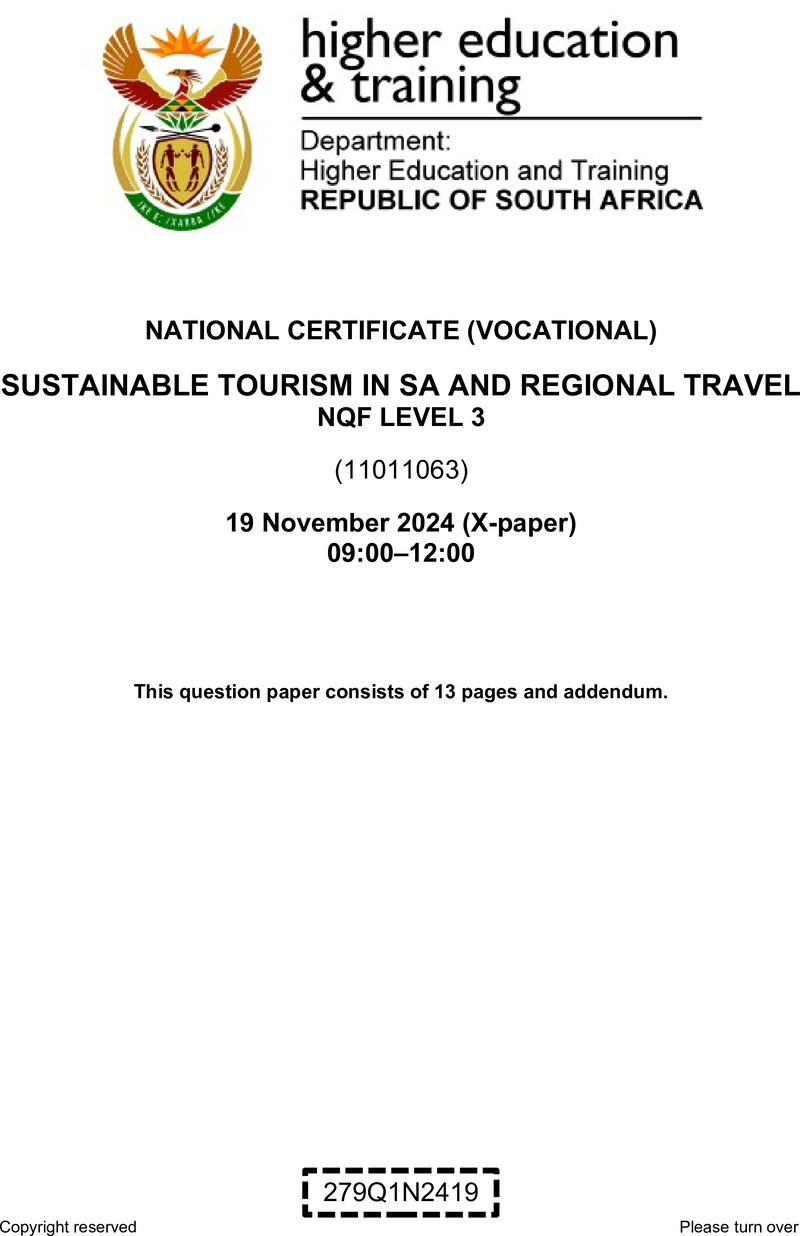 Nc2900 Sustainable Tourism In Sa And Regional Travel L3 Nov QP 2024