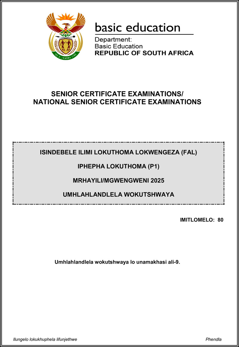 Grade 12 isiNdebele past paper 2025 – isindebele fal p1 may june 2025 mg gr12