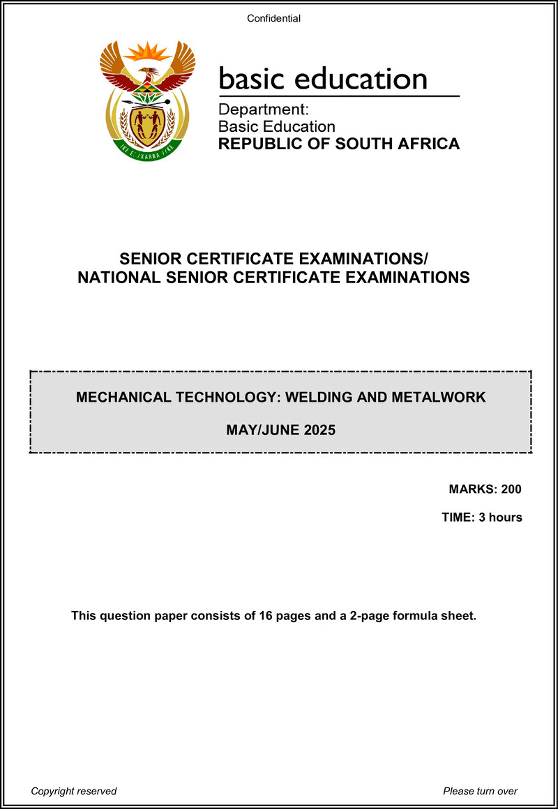 Grade 12 Mechanical Technology past paper 2025 – mechanical technology june 2025 welding metal work eng gr12