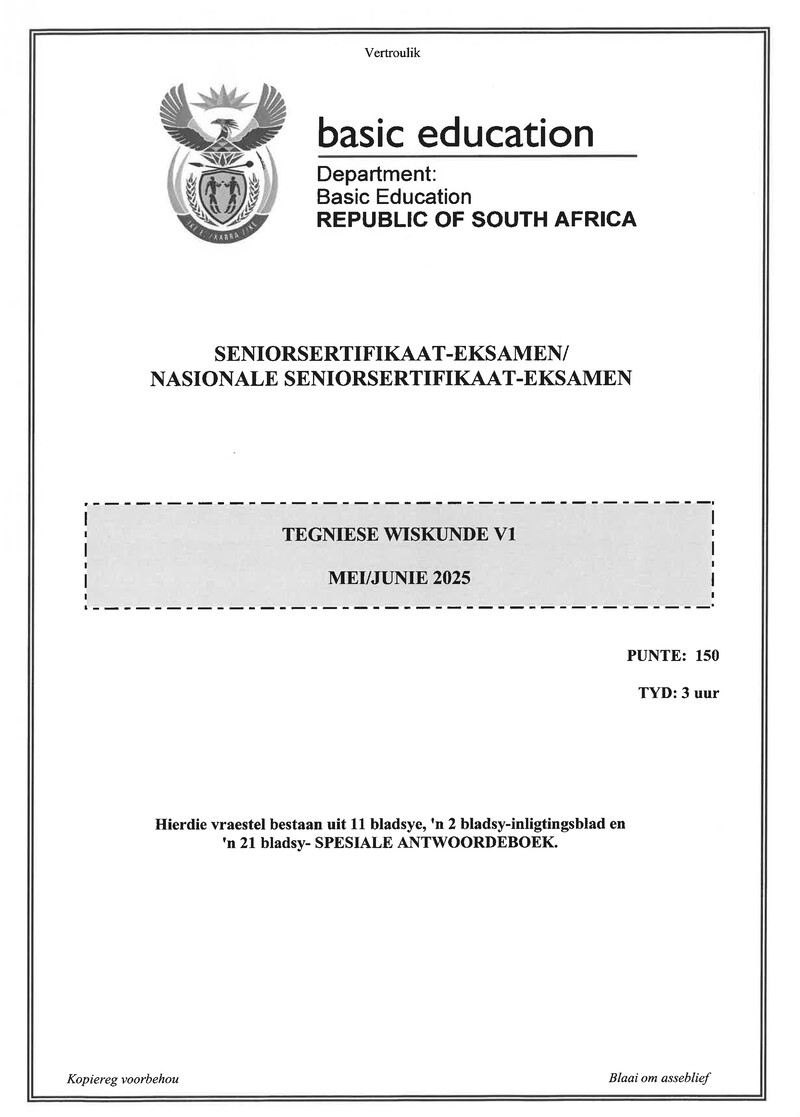 Grade 12 Mathematics past paper 2025 – technical mathematics p1 may june 2025 afr gr12