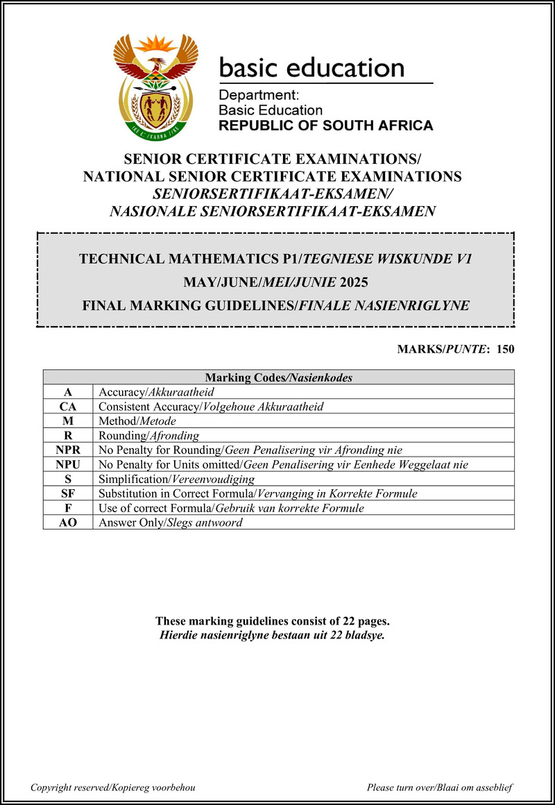 Grade 12 Mathematics past paper 2025 – technical mathematics p1 may june 2025 mg afr eng gr12