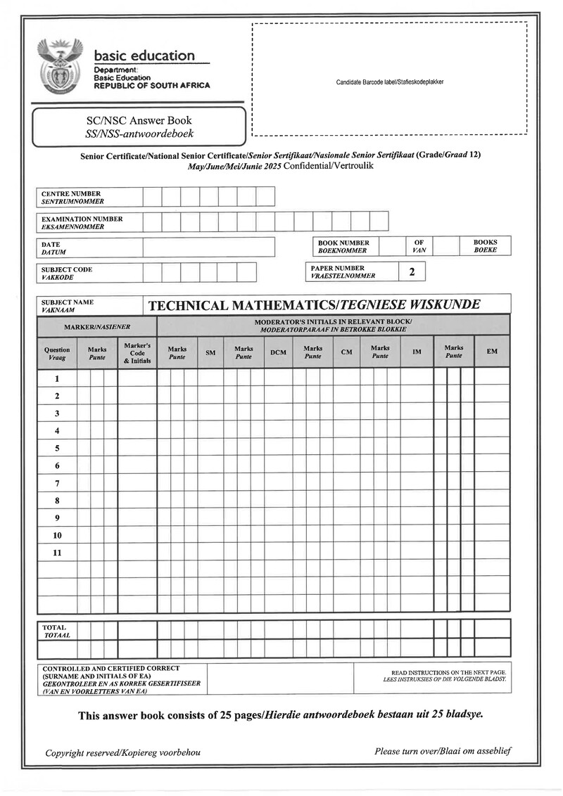 Technical Mathematics P2 May June 2025 Answer Book Afr Eng Gr12