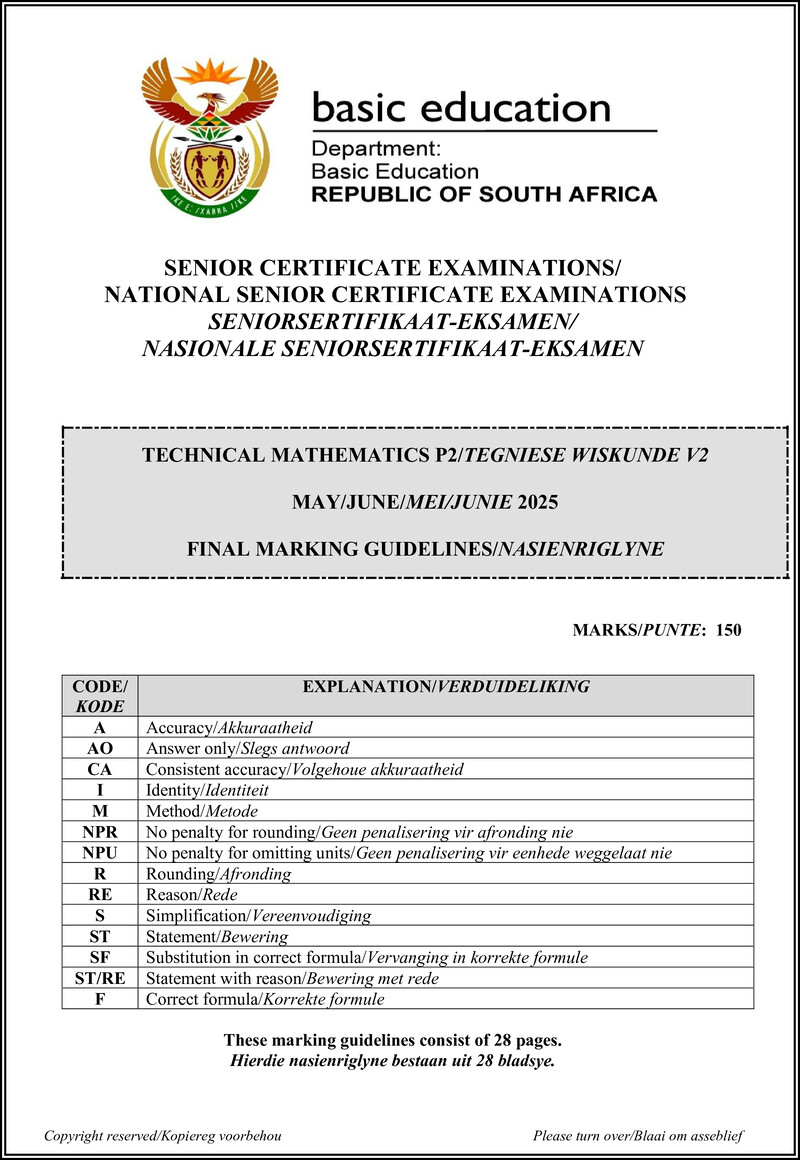 Grade 12 Mathematics past paper 2025 – technical mathematics p2 may june 2025 mg afr eng gr12