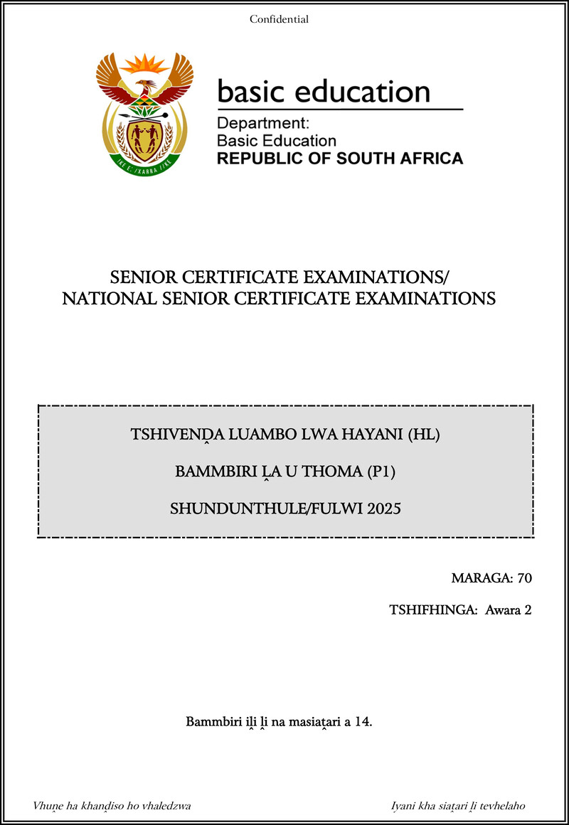 Tshivenda Hl P1 May June 2025 Gr12