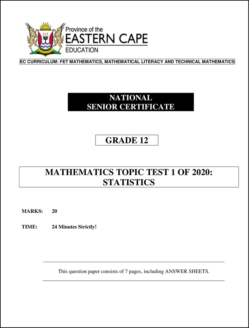 02 Grade 12 Math Topic Test 1 Of 2020 Statistics