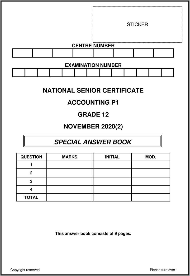 Grade 12 Accounting past paper 2020 – accounting p1 nsc nov 2020 answer book eng 2 gr12