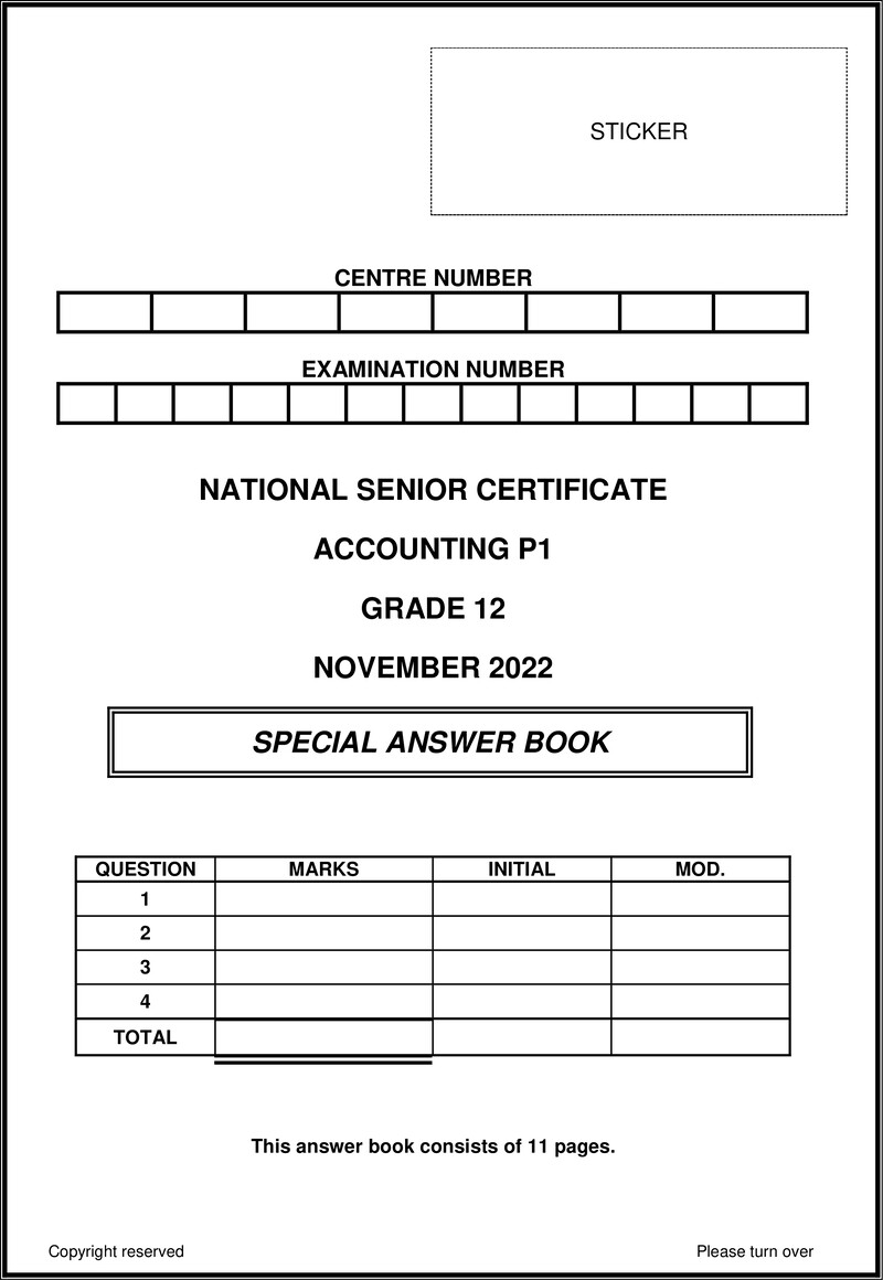 Grade 12 Accounting past paper 2022 – accounting p1 nov 2022 answer book eng gr12