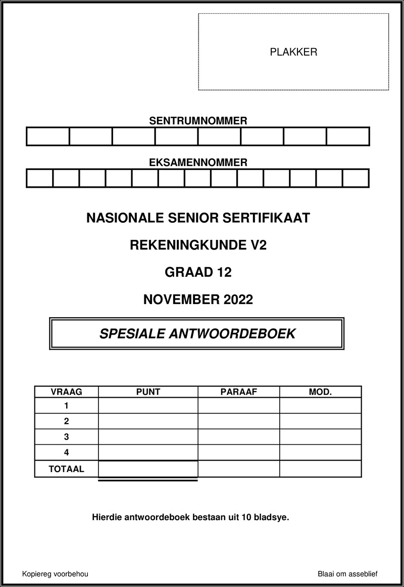 Grade 12 Accounting past paper 2022 – accounting p2 nov 2022 answer book afr gr12