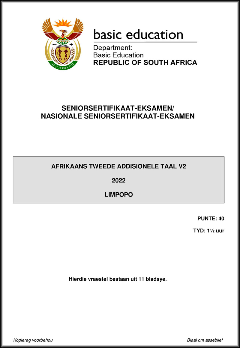 Grade 12 Afrikaans past paper 2022 – afrikaans sal p2 may june 2022 limpopo gr12