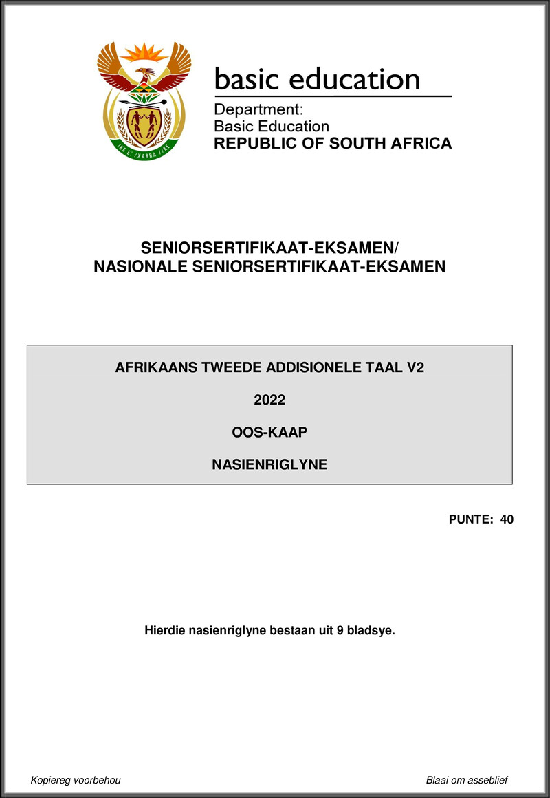 Grade 12 Afrikaans past paper 2022 – afrikaans sal p2 may june 2022 mg eastern cape gr12