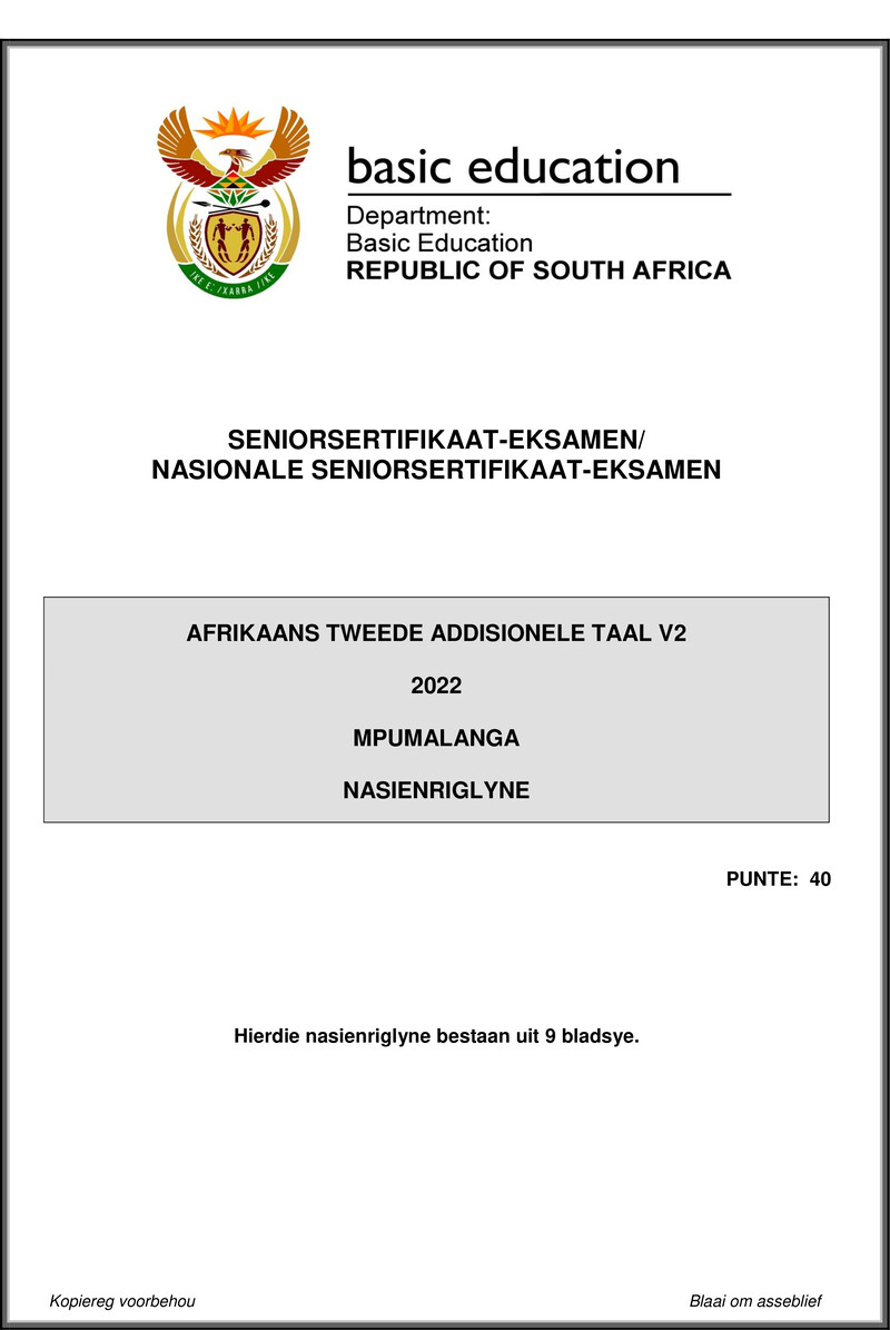 Grade 12 Afrikaans past paper 2022 – afrikaans sal p2 may june 2022 mg mpumalanga gr12