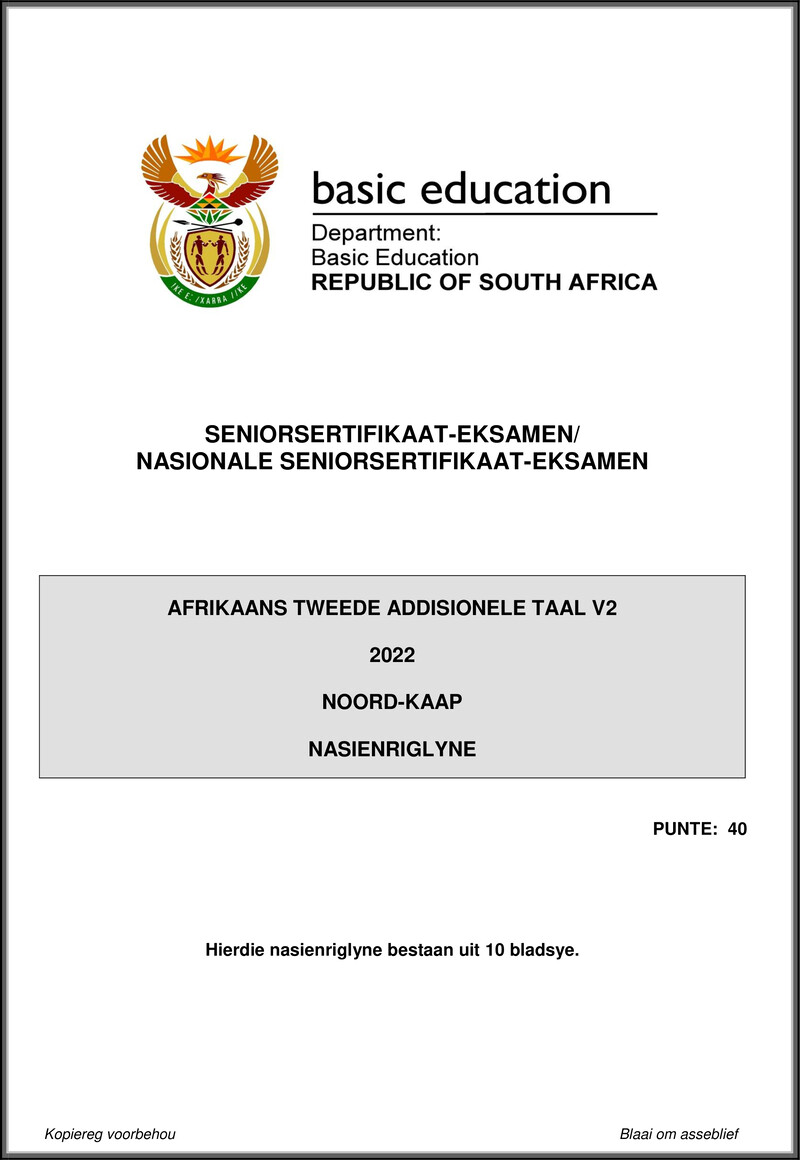 Grade 12 Afrikaans past paper 2022 – afrikaans sal p2 may june 2022 mg northern cape gr12