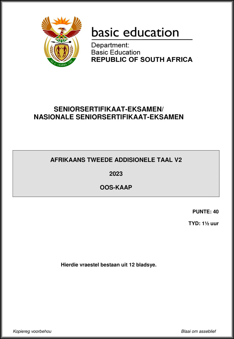 Grade 12 Afrikaans past paper 2023 – afrikaans sal p2 may june 2023 eastern cape gr12