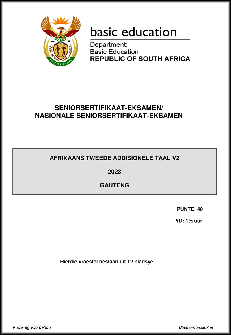Grade 12 Afrikaans past paper 2023 – afrikaans sal p2 may june 2023 gauteng gr12