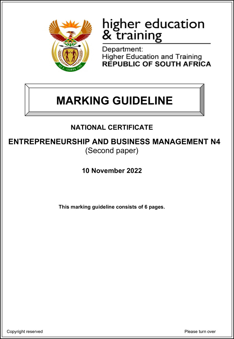 N4 Entrepreneurship And Business Management Paper 2 November 2022 Memorandum preview