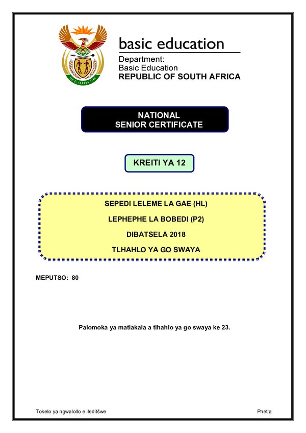 Grade 12 Sepedi past paper 2018 – Sepedi HL P2 memo gr12