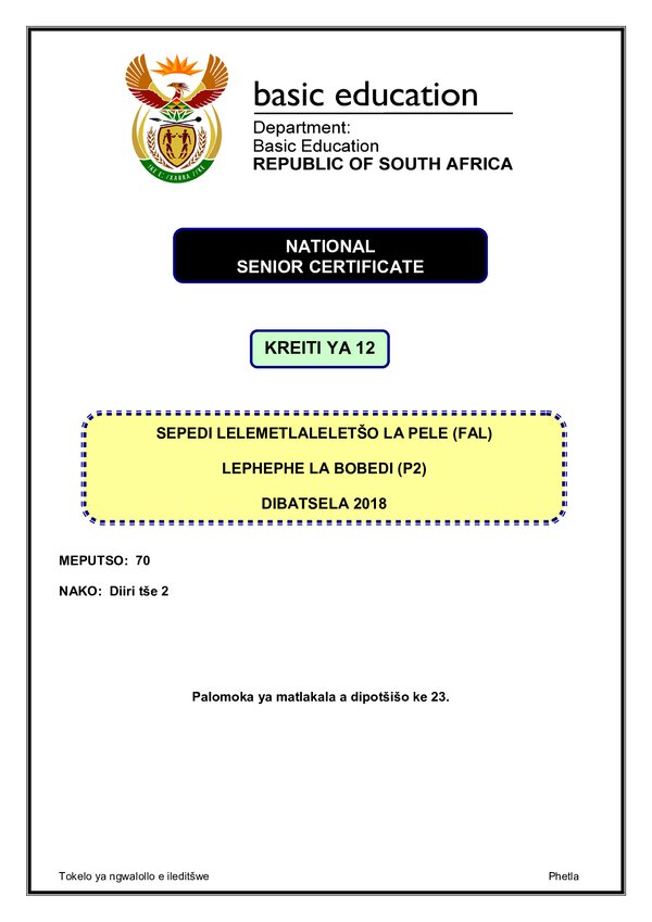 Grade 12 Sepedi past paper 2018 – Sepedi FAL P2 gr12